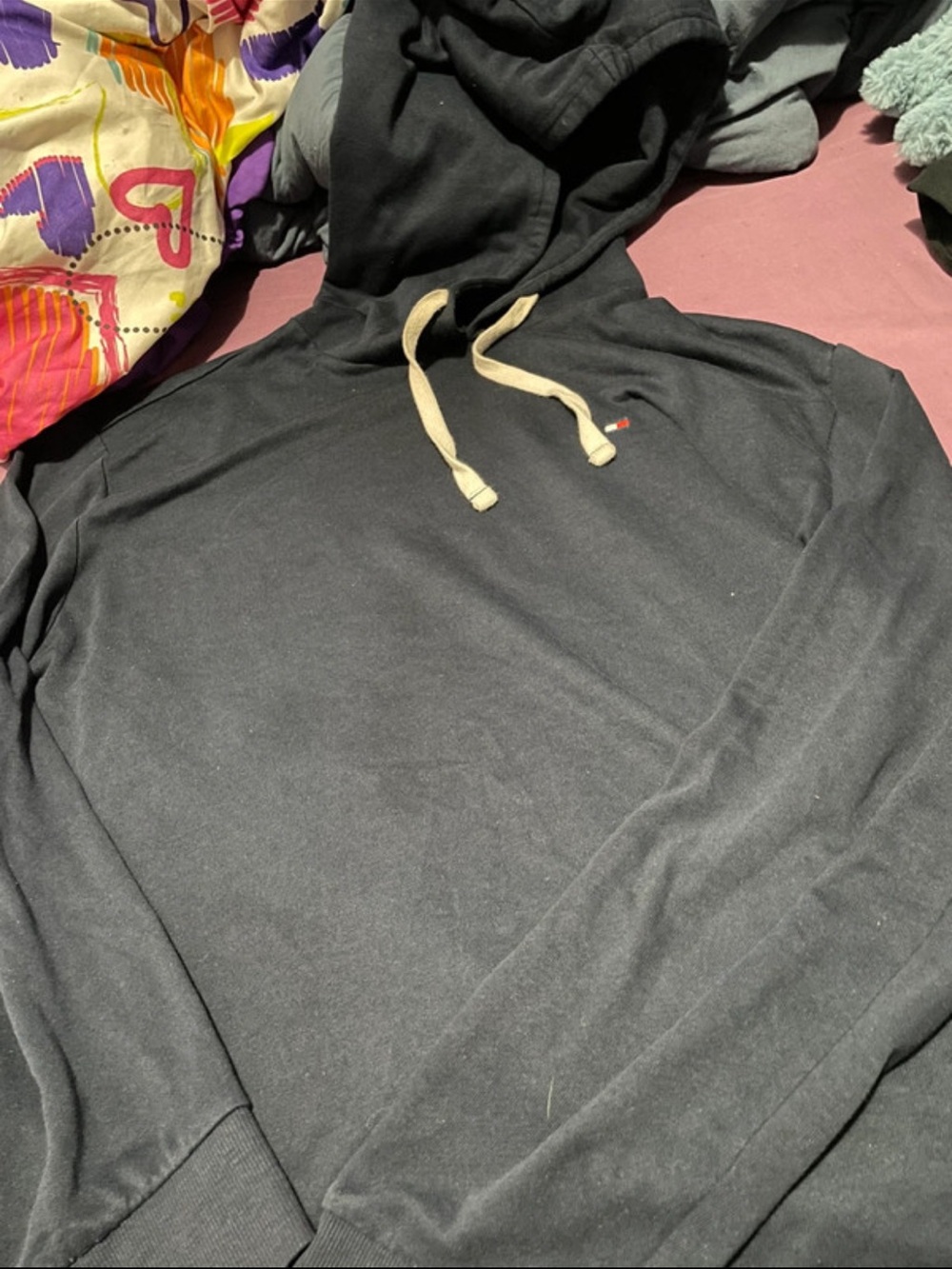 Tommy Hilfiger Black Pullover Hoodie with Contrast Drawstrings